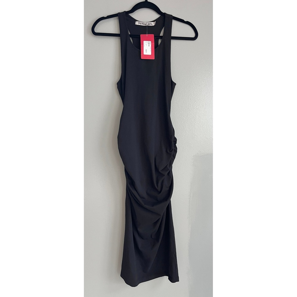 Michael Stars Tank Midi Dress Women XL Black Ruched Racerback Cotton Stretch NWT